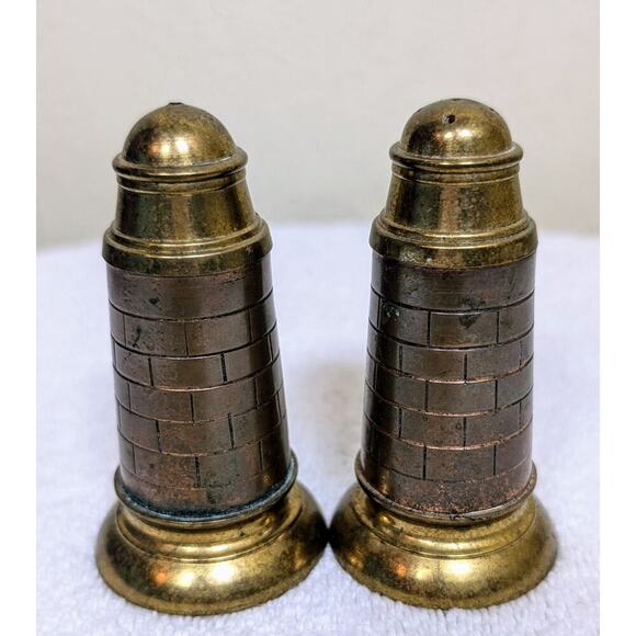 Lighthouse BRASS Salt & Pepper Shakers Brass "Brick" Set 3.5" Nautical Theme - Picture 1 of 7